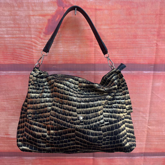 Vintage Black and Gold Crocodile Textured Handbag