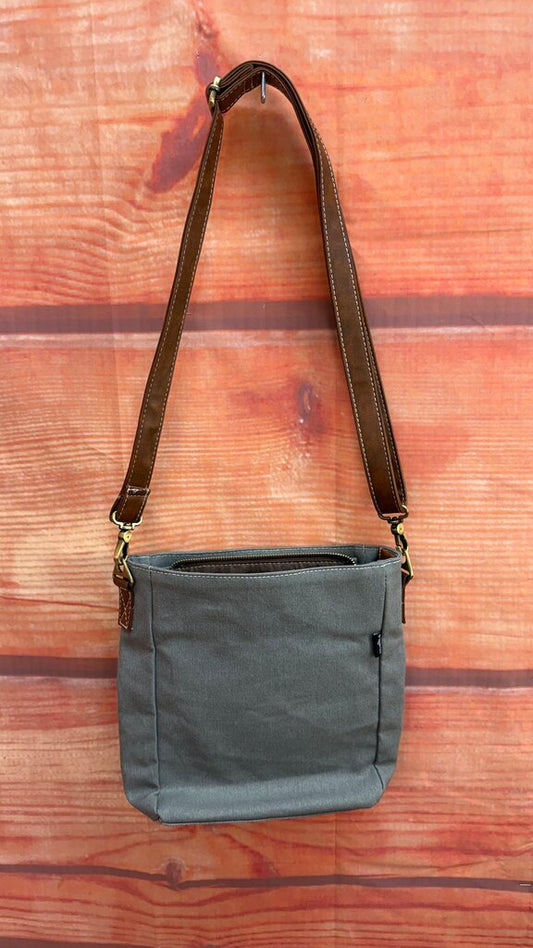 Gray Canvas Crossbody Bag with Brown Strap