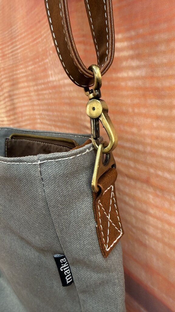 Gray Canvas Crossbody Bag with Brown Strap