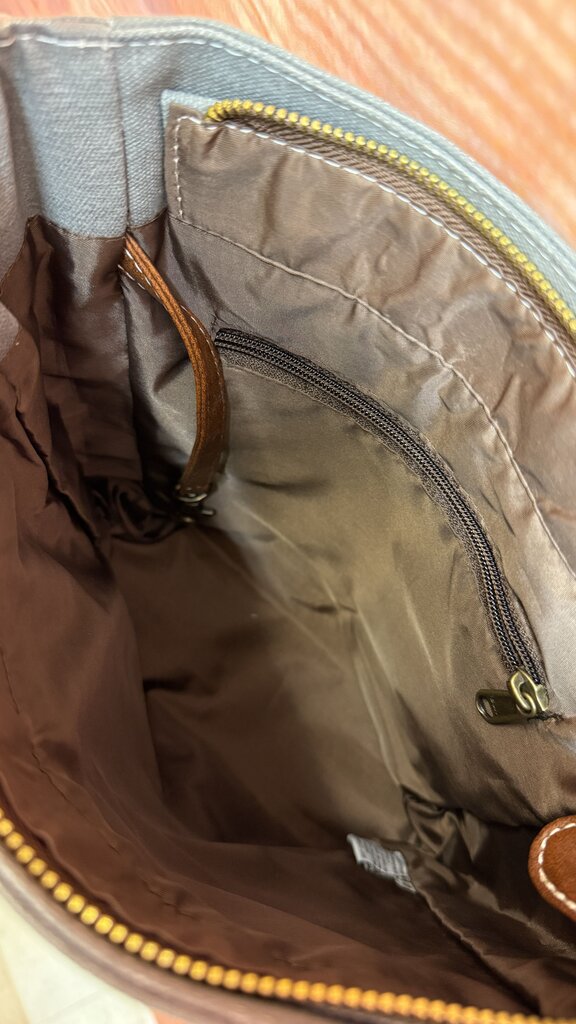 Gray Canvas Crossbody Bag with Brown Strap